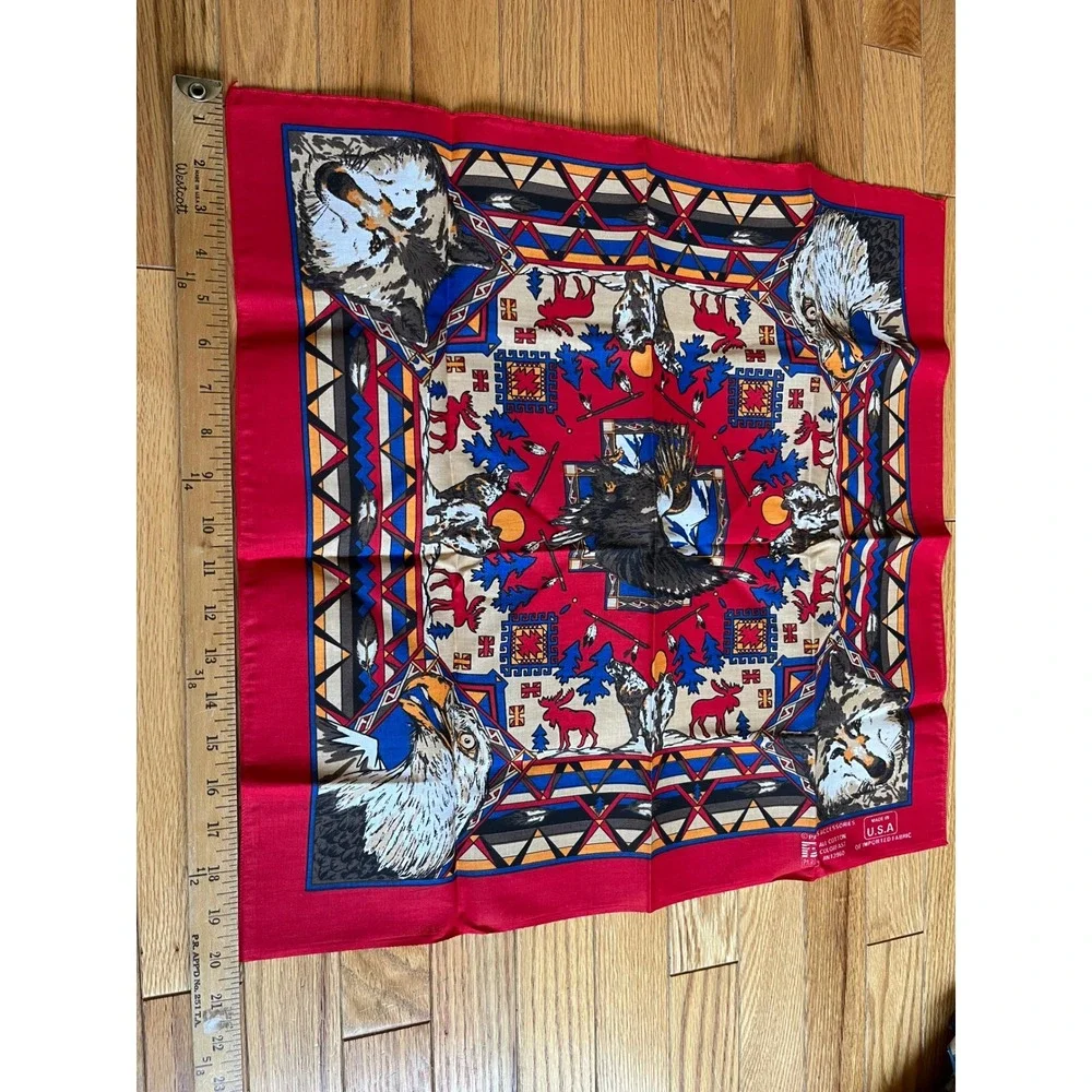 Vintage Paris‎ Accessories Wolf Eagle Bandana Red Cotton Made in USA 21x21 Scarf